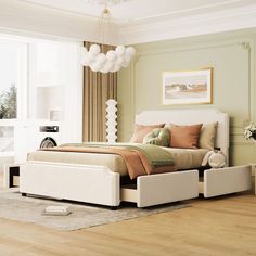 a bed room with a neatly made bed next to a window and a rug on the floor