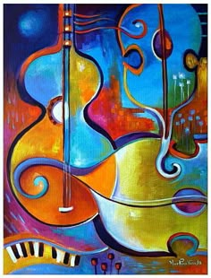 an abstract painting with musical instruments