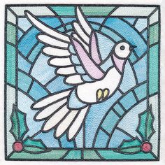 a stained glass window with a bird flying in it's wings and the words peace on