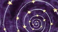 a spiral design with gold stars in the center on a purple background that looks like an abstract painting