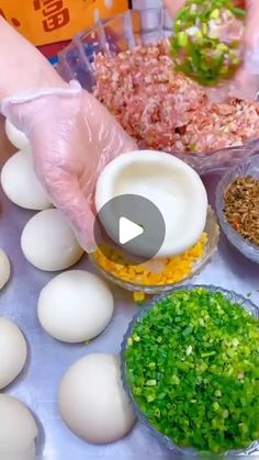 an image of food being prepared on a table with eggs and other foodstuffs