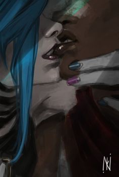 a digital painting of a woman with blue hair