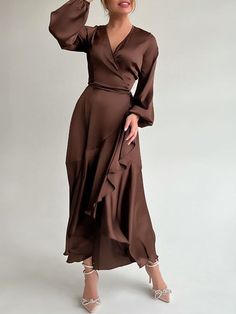 Ada Asymmetrical Midi Dress | Fashion Pov Brown Wrap Dress, Chocolate Brown Dress, A Line Long Dress, High Waist Long Skirt, Asymmetrical Midi Dress, Fishtail Skirt, Fishtail Dress, Maxi Robes, Women Long Dresses