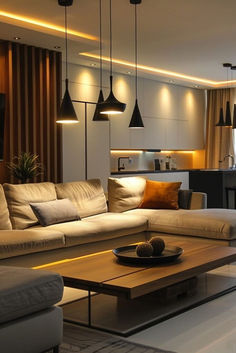 a living room filled with furniture and lights