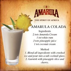 the recipe for amarula colada is shown in an old - fashioned style frame