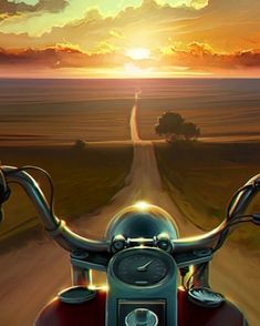 a painting of a motorcycle riding down a dirt road with the sun setting in the background