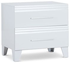 a white night stand with two drawers on one side and an open drawer on the other