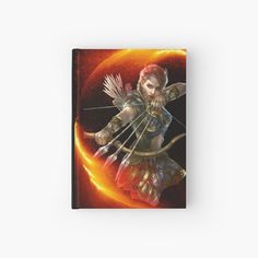 a woman with an arrow and bow in her hand, surrounded by fire art print