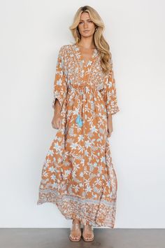 Laken Maxi Dress | Camel Multi Long Sleeve Maxi Dress Casual, Maxi Dress With Kimono, Hunter Green Maxi Dress, Dress With Kimono, Dusty Orange, Maxi Dress Casual, Burgundy Maxi Dress, Velvet Wrap Dress, Maxi Dress Outfit