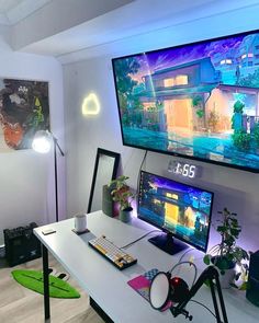 purple and white gaming setup with dual monitors Green Streaming Setup, Pc Gaming Setup Black And Green, Xiao Gaming Setup, Small Space Streaming Setup, Gaming Microphone Setup, Dual Monitor Setup, Gaming Setup, Computer Monitor