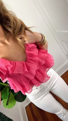 Pink ruffle top with adjustable straps Pink Out Hair Spirit Week, Pink Ruffle Top, Fun Tops, Ruffle Tops, Rush Outfits, Preppy Tops, Nyc Fits, Trend Clothes, Prep Style