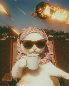 a cat wearing sunglasses and a scarf drinking from a cup