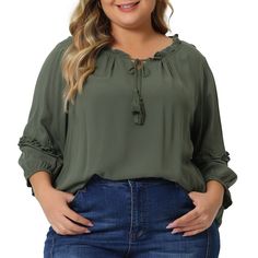 Crafted with 100% Rayon fabric, this blouse offers a comfortable and breathable fit that is perfect for all-day wear. Featuring a self-tie neckline with tassel details, this blouse adds a touch of femininity and elegance to your ensemble. The V-neck design and ruched detailing on the front create a flattering silhouette that enhances your curves. The 3/4 flutter sleeves add a playful and fashionable element to the overall look. This versatile top is suitable for various occasions, from formal ev Casual Green Tops With Gathered Sleeves, Plus Size Night Shirt, Green 3/4 Sleeve Blouse For Fall, Plus Size 3/4 Sleeve Tops, Casual Green V-neck Peasant Top, Rayon Fabric, Boho Blouses, Shop Blouses, Plus Size Womens Clothing