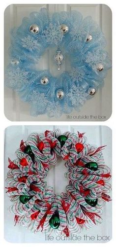 two pictures of christmas wreaths with bells and ornaments on the front, one in blue and white