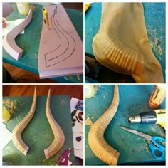 four pictures showing how to make a paper mache train track with scissors and glue