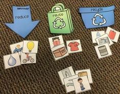 some cards with pictures on them and an arrow pointing to the bag that says reduce