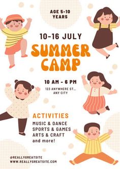 the summer camp flyer is shown with children jumping and dancing in different poses on it