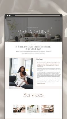 the website design for mae ardinene is shown in white and black, with gold accents