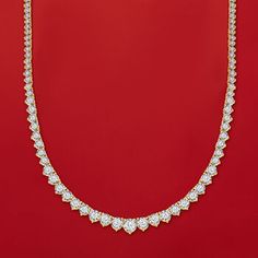 Ross-Simons - 5.00ct t. w. Diamond Graduated Tennis Necklace Over Sterling. 18". It's the timeless tennis necklace with no shortage of sparkle! Polished 18kt yellow gold over sterling silver settings boast 5.00 ct. t. w. round brilliant-cut diamonds that grace the neckline with glimmer and gleam. Make this classic part of your collection in all its sparkling glory. White rhodium where diamonds are set. Graduates from 1/16" to 1/4" wide. Figure 8 safety. Push-button clasp, diamond tennis necklace Tennis Necklace Diamond, Amazon Jewelry, Diamond Tennis Necklace, April Birthday, Diamond Birthstone, Figure 8, Tennis Necklace, Necklaces For Women, Round Brilliant Cut Diamond