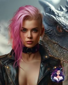 a woman with pink hair standing in front of a dragon and wearing a leather jacket