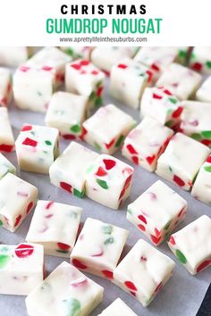 christmas gumdrop nougat recipe on a sheet of baking paper with text overlay