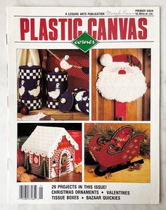 the front cover of plastic canvass magazine with pictures of santa's house and other items