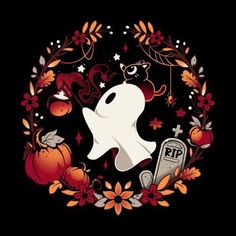 a ghost surrounded by pumpkins and other halloween decorations on a black background with the words happy halloween written below it