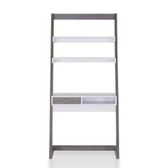 a white and grey shelf with drawers