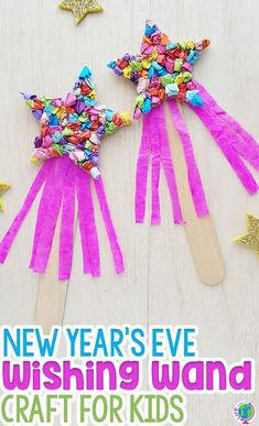 new year's eve wishing wand craft for kids with text overlay that reads, new years eve wishing wand craft for kids