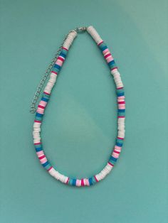 White, pink & blue clay beaded necklace All necklaces are 14 inches with a 4 inch extender chain Clay Bead Necklace Ideas, Clay Beaded Necklace, Bead Necklace Ideas, Polymer Clay Beaded Necklace, Colorful Bead Bracelets, Bracelet Business, Clay Bead Necklace, Clay Bead Bracelets, Blue Clay