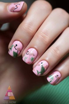 Flamingo silhouettes accent cute pink summer nails with green palm fronds - stylish hot pink nail ideas summer. Visit nailhow.com for more. Cute Pink Summer Nails, Nails With Green, Nail Inspired