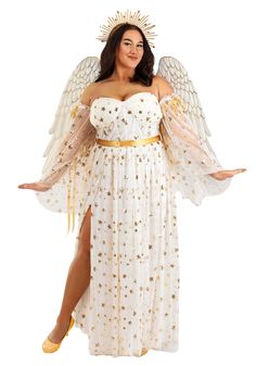 a woman in a white dress with gold stars and angel wings on her head is posing for the camera