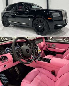 the inside and outside view of a pink car