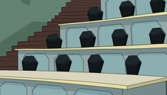 an animated image of rows of shelves with black vases on the top and bottom