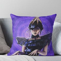 a drawing of a woman in black dress with purple background throw pillow