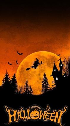 a halloween poster with a witch flying over the moon