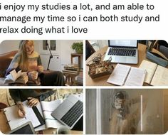 four different pictures with text that reads, i enjoy my studies at loft and am able to manage my time so i can both study and relax and relax doing what i love