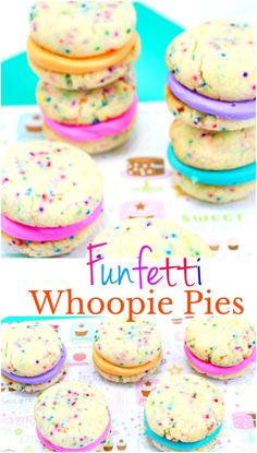 colorful cookies with sprinkles on them and the words funfetti whoopie pies