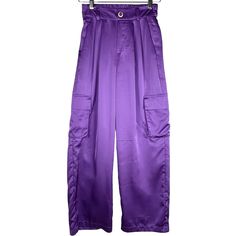 Tullea Purple Satin-Y Wide Leg Pants With Cargo Pockets And Pleat Front. Half Elastic Waist, Bel Loops, An Decorative Gold Button Accents. Size Small But Would Fit An Extra Small Best. Never Worn! Waist: 12" Hips: 17.5" Rise: 11" Thigh: 11" Inseam: 29" Purpel Pants, Purple Two Set, Cheap Purple Bottoms With Elastic Waistband, Purple Clothes Masc, Purple Silk Two Piece, Amethyst Pants, Satin Wide Leg Pants, Purple Satin, Gold Buttons