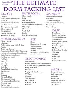 the ultimate dorm packing list is shown in purple and black, as well as other items