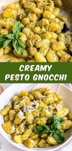 creamy pesto gnocchi in a white bowl with basil leaves and parmesan cheese