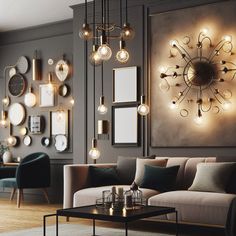 a living room filled with furniture and lots of lights hanging from the wall above it