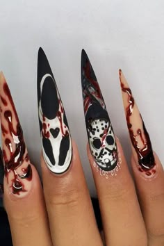 These Black Halloween Nails Are Blowing Up on Pinterest! Make your Holloween Nails unforgettable! Get ready to be inspired by these stunning Black Halloween Nails that are perfect for the spooky season! From Pink Halloween Nails and Purple Halloween Nails to fun Pumpkin Nails, these designs will elevate your nail game. Try out creative Halloween Press On Nails or go for intricate Nail Art Halloween featuring Bat Nails. Whether you’re looking for Cute Halloween Nails or bold Halloween Acrylic ... Michael Myers Nails Acrylic, Slasher Nails, Friday The 13th Nails, Scary Halloween Nails Design, Scary Nails, Decoration Nails, Black Halloween Nails