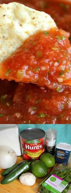 the ingredients to make this dish are shown in three different pictures, including tortilla shells and marinara sauce