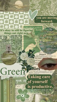 collage with green things and words on it