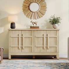 a living room with a chair and a mirror on the wall next to a dresser