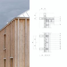 the side and top views of a building with wooden sidings, windows, and balconies