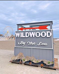 a sign for wildwood by the sea with a ferris wheel in the background