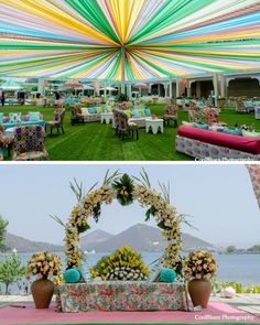 an outdoor event with colorful decorations and tables