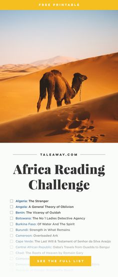 the africa reading challenge flyer with camels and sand dunes in the background, which includes information